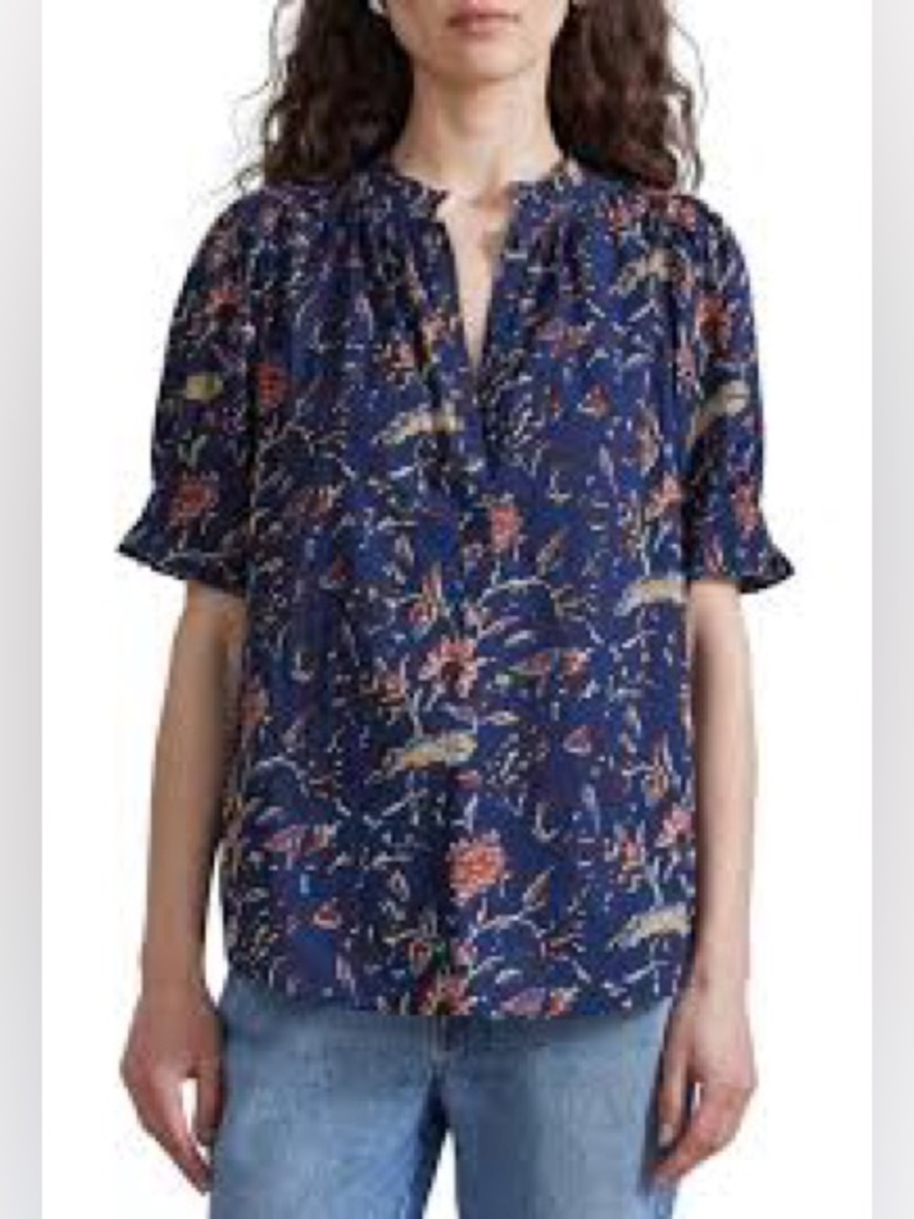 Apiece Apart Indigo Jardin Floral Blouse with Red and Cream Accents